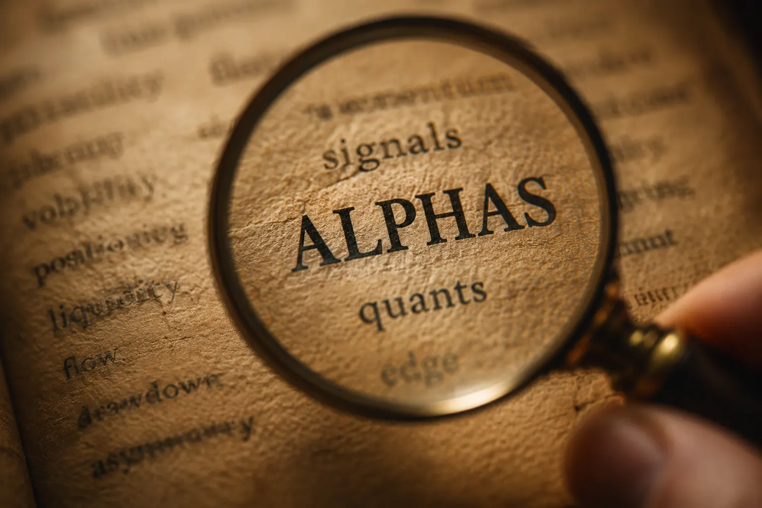 A magnifying glass over the word ALPHAS, surrounded by faint trading terms